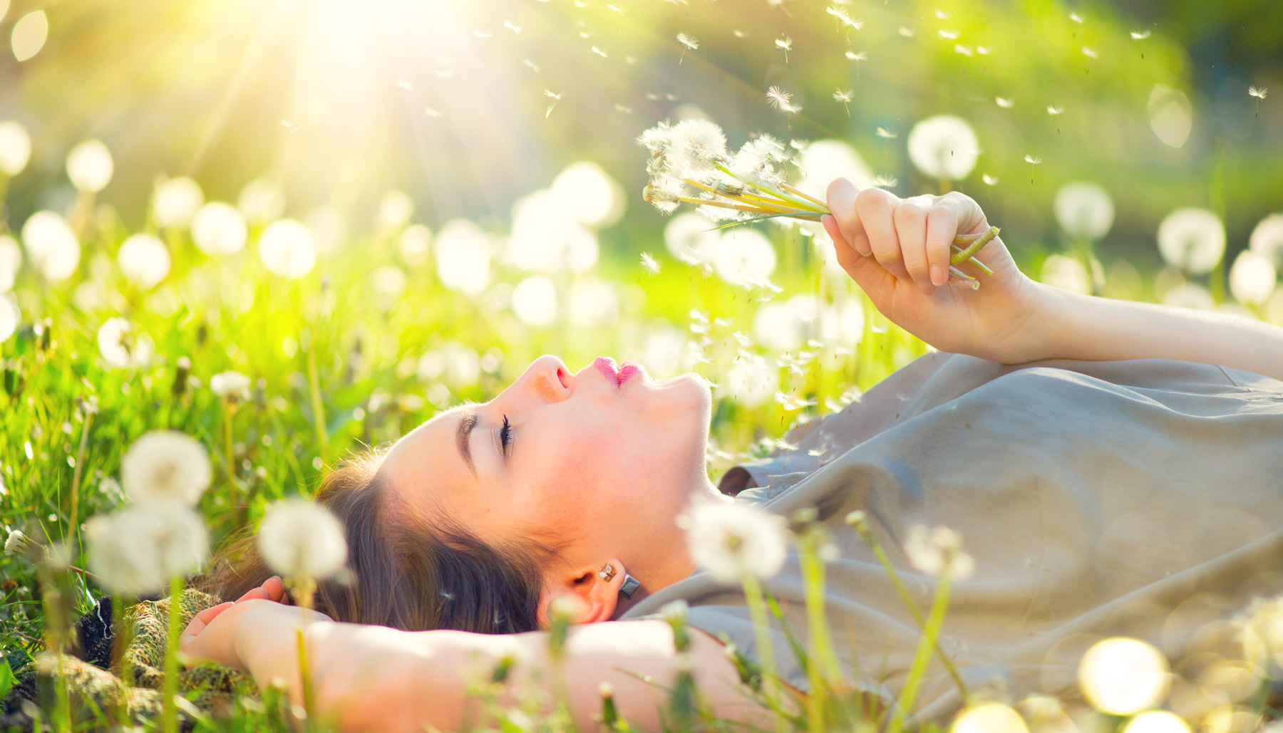 Woman lying in field of dandelions