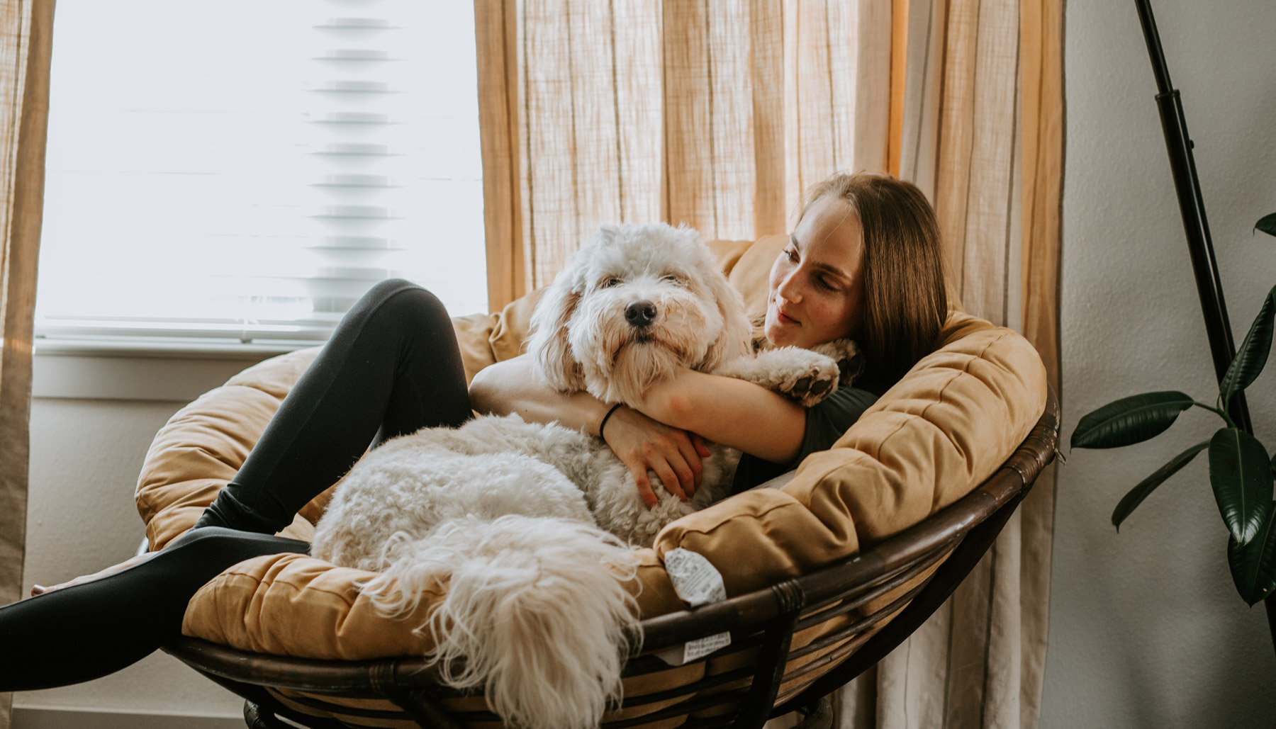 Woman cuddled up with dog in chair