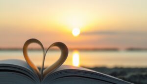 Book pages forming heart in the sunset